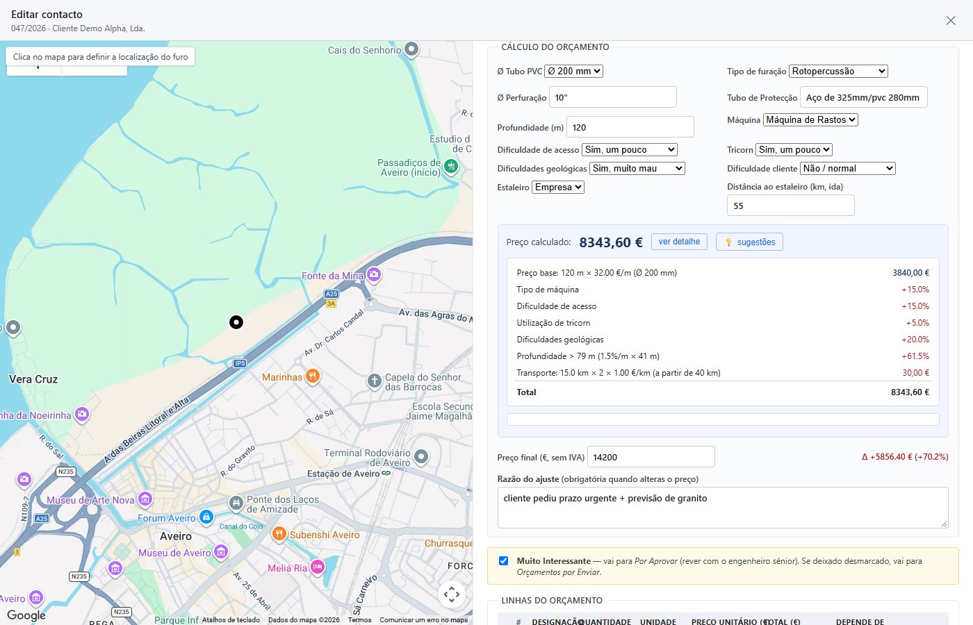 Contact editor with a demo contact: cascading inputs, live price with a full breakdown, and an editable final price that requires a reason when it differs.