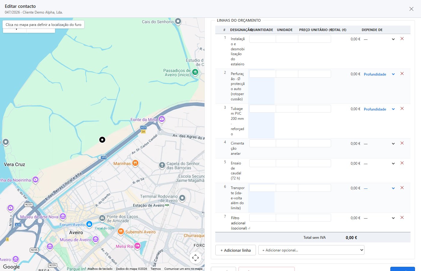 Quote lines — standard items locked, optional ones free. Blue cells are filled by the engine and can be overridden.