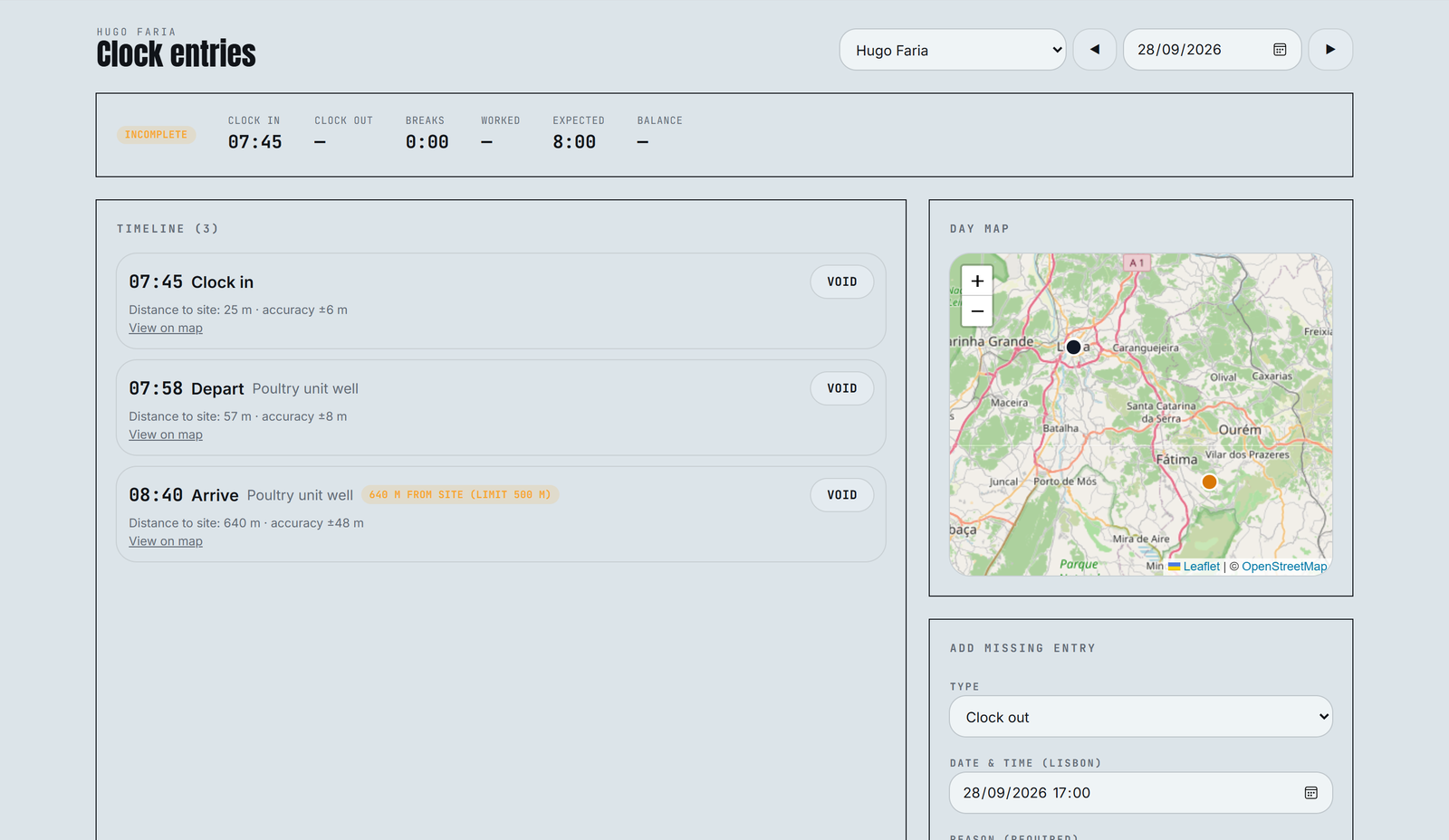 A technician's day, entry by entry. An arrival 640 m from the site, against a 500 m limit, is flagged and shown on the map.