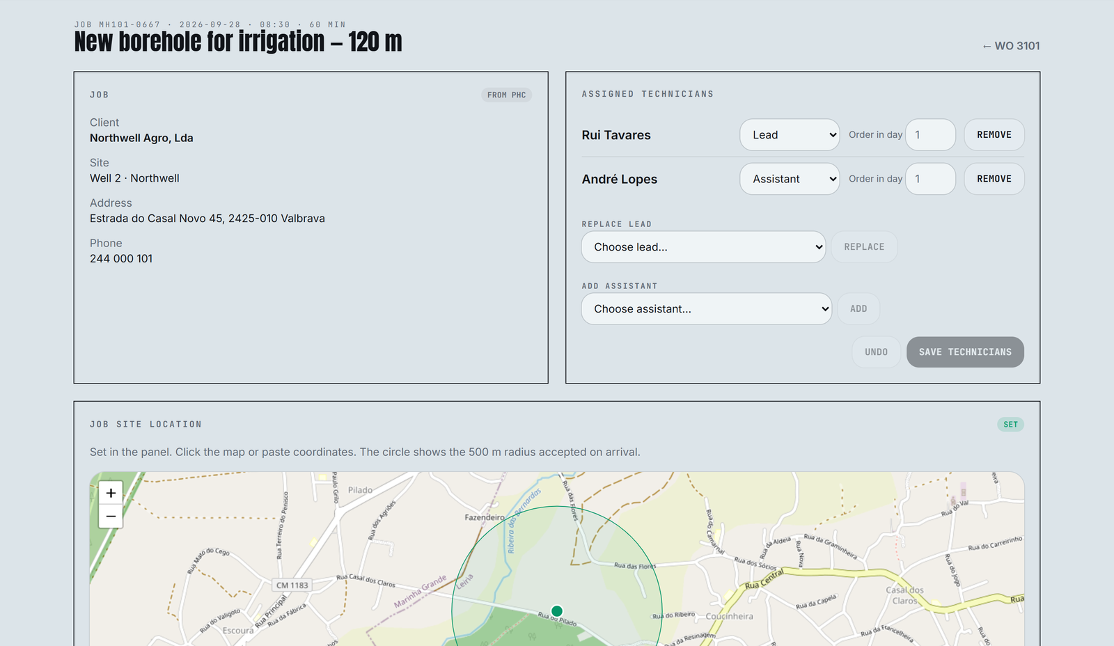 Job site on the map. The circle is the accepted arrival radius; when the ERP has no coordinates, the first technician to arrive sets them.