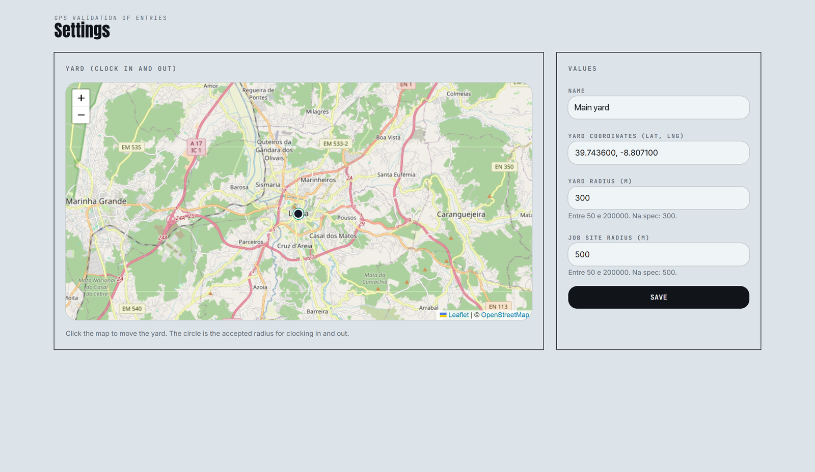 GPS rules the office can tune — yard position and both accepted radii in one settings page.