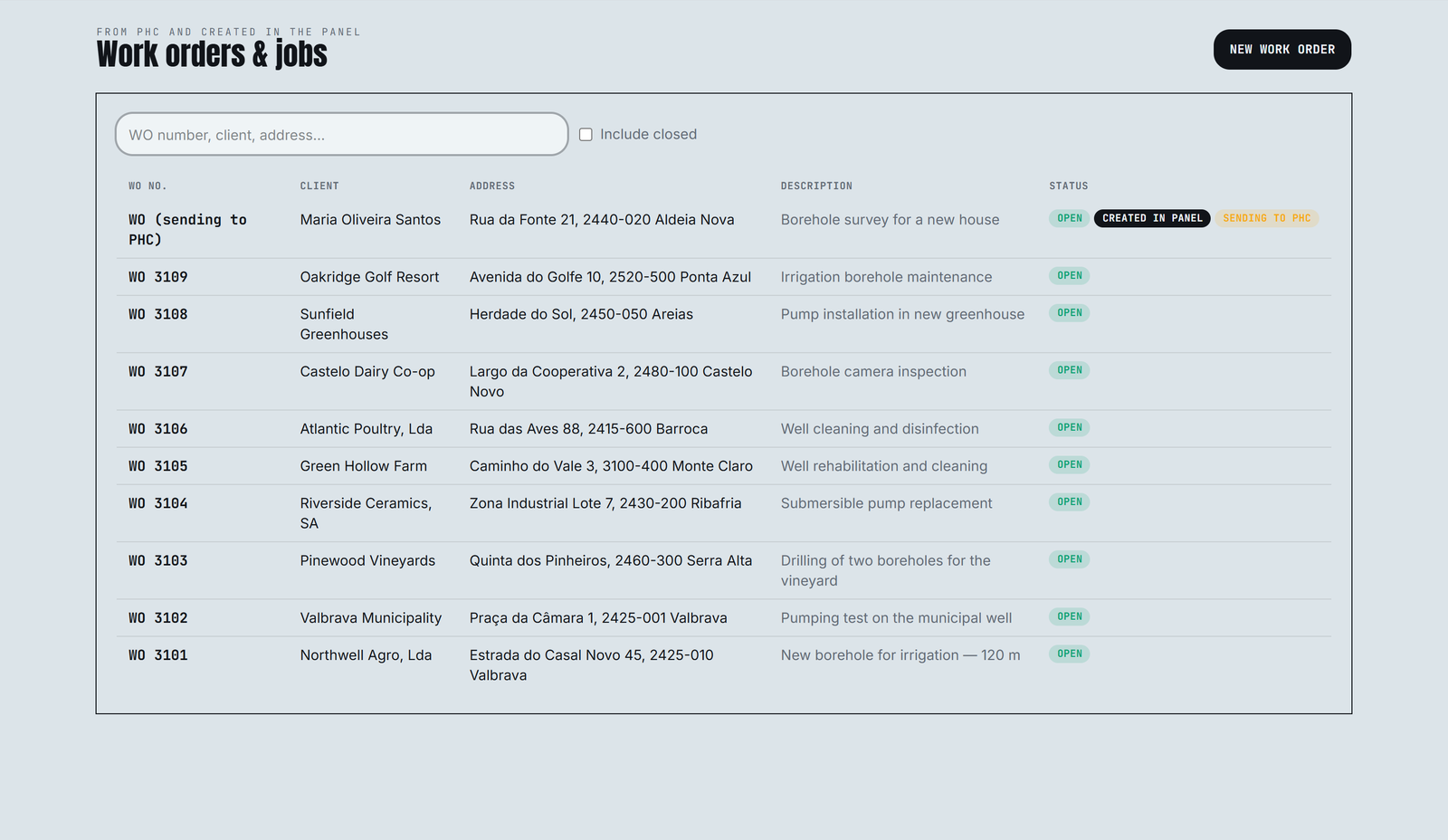 Work orders from PHC listed next to the ones created in the panel that are still on their way to the ERP.