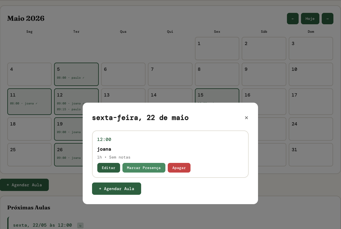 Class details modal — attendance marking and payment tracking