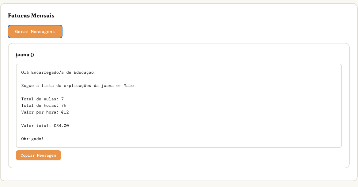 Auto-generated invoice messages formatted for Portuguese messaging