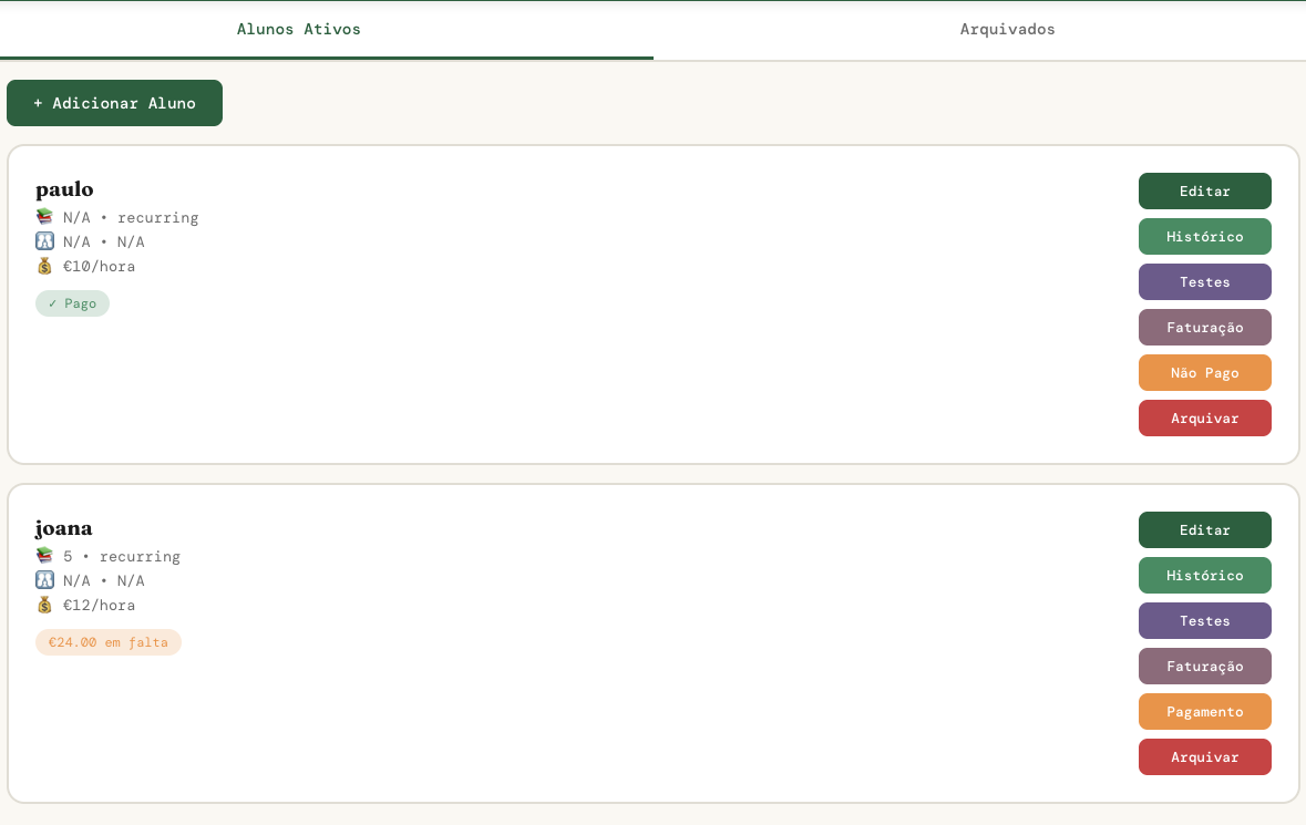 Student list with hours, earnings, and action buttons